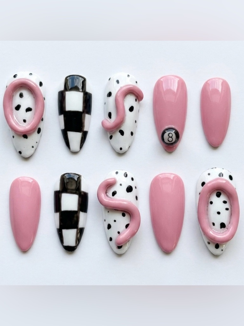 Pink & Black Checkerboard Dot 3D Press-On Nail Set